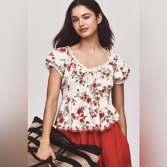 Anthropologie Tops - Anthropologie Maeve Short-Sleeve Sweetheart-Neck Peplum Top size Medium Petite
